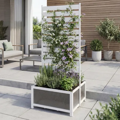 Produktbild von Aluminium Beet mit Rankgitter MCW-P97, Blumenkasten Pflanzkübel Spalier, 110x60x75cm weiß