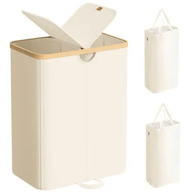 Produktbild von Wäschekorb 2 Fächer, Wäschesammler 150 Liter, Wäschesortierer mit Deckel, weiß-beige