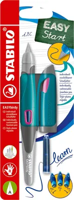 Produktbild von Ergonomischer Schulfüller für Rechtshänder mit Anfänger-Feder A - STABILO EASYbirdy in türkis/neonpink - Einzelstift - Schreibfarbe blau (löschbar) - inklusive Patrone und Einstellwerkzeug