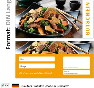 Produktbild von 50 Stück Geschenkgutscheine (GUT-701) Gutscheine Gutscheinkarten für Bereiche wie Gastronomie Fleisch Grillen Restaurant Nudeln