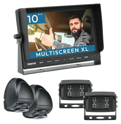 Produktbild von 10" Rückfahrkamera Set RUNDUMBLICK | mit 2 x Schwerlast-Kamera 120° & 2 x Seitenblickkamera 150° RVS-24521