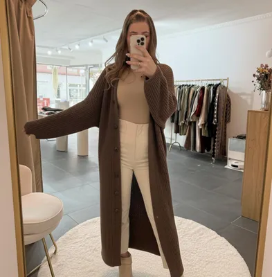 Produktbild von Strickjacke long Damen "Lena" Dunkelbraun, Onesize (XS-XL), Frauen Langarm Grobstrickjacke, Herbst Winter Langes Strickmantel Frau Langer Strickjacke