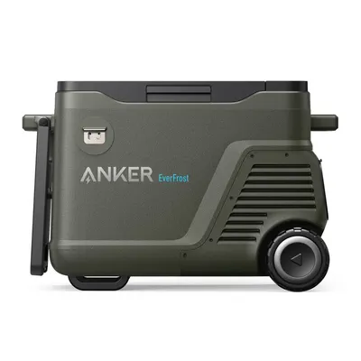 A studio shot of a green Anker EverFrost powered cooler with wheels.