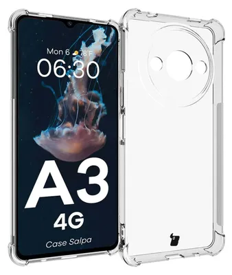 A clear phone case is shown next to a phone displaying a jellyfish wallpaper.