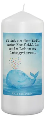 Produktbild von Mr. & Mrs. Panda Kerze Wal Konfetti Design 19 x 8 cm - Weiß - Geschenk, Stumpenkerze, Abnehmen, Blockkerze, Diät, Erinnerungskerze, Trennung, Meer, Bedruckte, Geburtstag