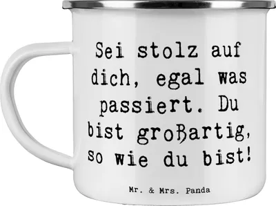 Produktbild von Mr. & Mrs. Panda Emaille Becher Spruch Mit Enttäuschungen umgehen Stolz - Weiß - Geschenk, Tasse, Vertrauem, Zuversicht, Motivation, Kaffeepott, Trostspender, Ermutigung
