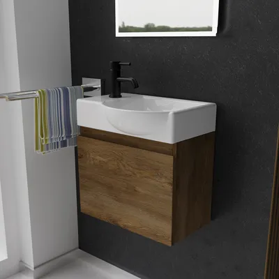 Produktbild von Alpenberger Waschtisch mit Unterschrank | Gäste WC Waschbecken Klein 45 cm Breit | Keramik Aufsatzwaschbecken mit Waschbeckenunterschrank | Badmöbel Set Hängend | Waschtischunterschrank Eiche