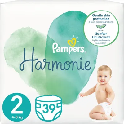 Produktbild von Pampers Harmonie Gre 2, 39 Windeln, 4 kg-8 kg, sanfter Hautschutz e pflanzliche Inhaltsstoffe, wichtige Verpackung