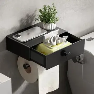Produktbild von Toilettenpapierhalter Ohne Bohren, Klopapierhalter Mit Feuchttücherbox Klorollenhalter mit Schublade Ablage Papier Halterung für Wc & Bad-Wandhalterung(Matt-schwarz)