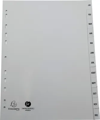 Image de Exacompta 10x Intercalaires imprimés PP recyclé Janvier-Décembre A4 Gris 1812E