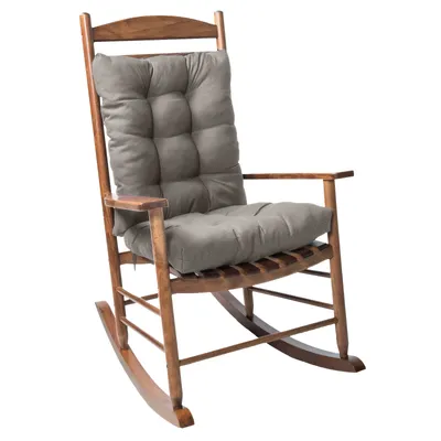 A rocking chair with a gray cushion, shown against a white background.