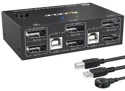 Imagen del producto de Conmutador KVM para dos monitores, compatible con resolución 4K a 144Hz, para conectar 2 ordenadores y 2 monitores, con 4 puertos USB