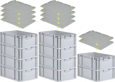 Produktbild von SparSet 10x Eurobox NextGen Grip mit Auflagedeckel inkl. 4 gelben Schiebeschnappverschlüssen | HxBxT 22x40x60cm | 44 Liter | Grau | Griffe geschlossen | Verstärkter Boden | Eurobehälter, Transportbox, Transportbehälter, Stapelbehälter