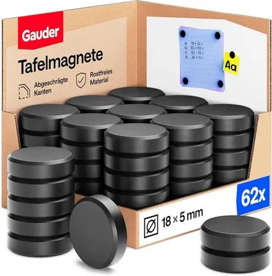 Zdjęcie produktu dla Zestaw magnesów, 62 sztuki – mocne, okrągłe magnesy – do tablic suchościeralnych, lodówek i tablic magnetycznych – czarne, 18 x 5 mm