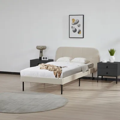 A bedroom scene with a bed, nightstands, and a rug.