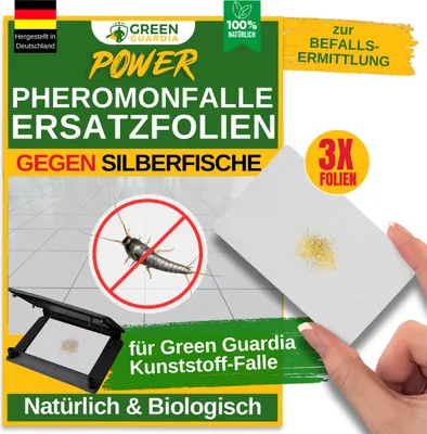 Produktbild von Green Guardia Ersatzklebeflächen mit Pheromon-Lockstoff-3x Fallen- Nachfüll-Set für Kunststoff-Fallen, SIlberfische Klebefalle, Natürlich & Wirksam