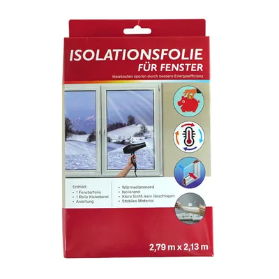 The image shows the packaging of window insulation film, with illustrations demonstrating its use and benefits.