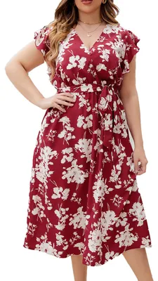 Produktbild von Damenkleid große Größen, V-Ausschnitt, kurze Ärmel, Blumenmuster, für den Sommer
