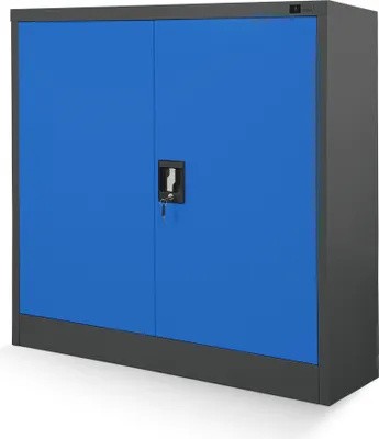 A blue and gray metal cabinet with two doors and a lock.