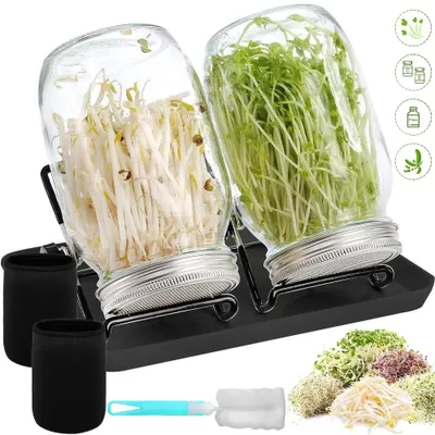 Produktbild von Sprossenglas-Set - 2 Stück - 1000 ml - 1 Ablage - 2 verstellbare Halterungen - 2 Verdunkelungshüllen - Edelstahl-Filtergewebedeckel