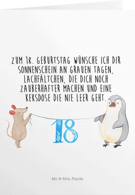 Produktbild von Mr. & Mrs. Panda Glückwunschkarte Geburtstag 18. Geburtstag Maus Pinguin - Weiß - Geschenk, Happy Birthday, Volljährig, Einladungskarte, Geburtstagskarte, Kuchen, Party