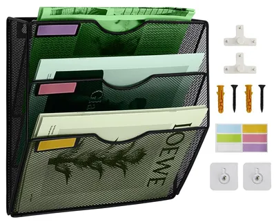 Produktbild von Ordnerhalterung, 3-lagig - Wandmontierbarer Dokumentenhalter - Wandorganizer - Drahtgitterkonstruktion - Inklusive Befestigungsschrauben - Transparentes Klettband