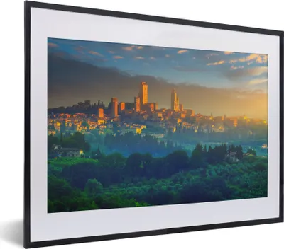 Produktbild von MuchoWow® MuchoWow® Gerahmtes Poster Sonnenaufgang über San Gimignano in der Toskana, Italien 40x30 cm - Poster mit zchwarzem Bilderrahmen - Bilderrahmen - Poster im Rahmen