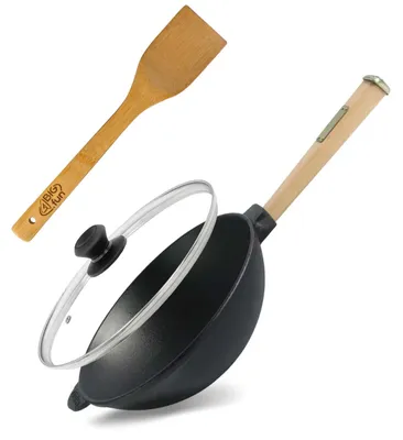Produktbild von Wok Bratpfanne Ø24 cm 2,2 L aus Gusseisen mit Holzgriff Glasdeckel Asia Wokpfanne Induktion Pfannenwender