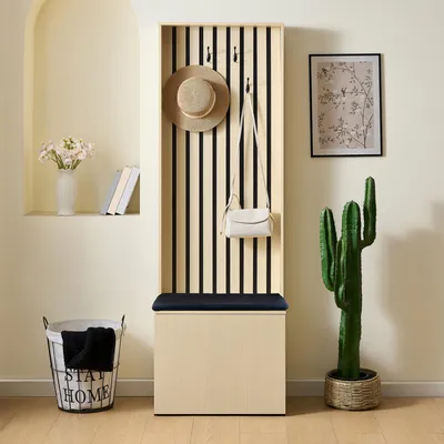 Immagine prodotto di Merax Armadio moderno con panca e scarpiera, mobile da corridoio con 4 ganci e vani portaoggetti, scarpiera in legno decor + nero