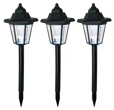 Produktbild von 3er-Set LED Solar-/Erdspieß-/Wandleuchte 2-in-1, Lampe für den Außenbereich im Landhaus Stil, aus Kunststoff in schwarz, 15 x 11 x 22 cm, mit LED Platine – mit Schiebeschalter – Dämmerungssensor