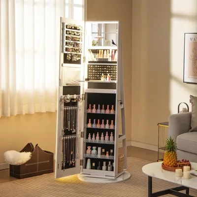 Image de COSTWAY Armoire à bijoux avec miroir, armoire à bijoux avec lampes LED réglables, verrouillable, base pivotante à 360° & grand espace de rangement Blanc