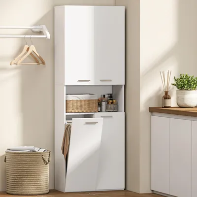 Produktbild von Badezimmerschrank Hochschrank mit ausklappbarem Wäschekorb, Soft-Close-Türen, MDF, Weiß | 60 x 30 x 174 cm | 4 Stauräume | 23 kg