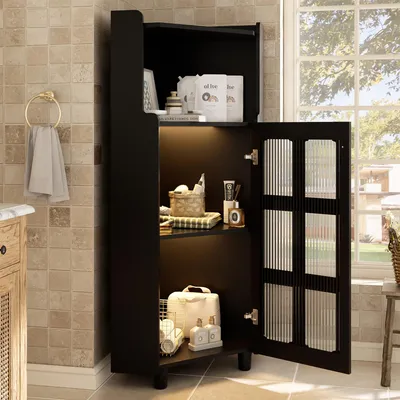 Produktbild von okwish Badezimmerschrank Eckschrank mit LED-Beleuchtung,Beistellschrank Hochschrank mit 2 verstellbaren Sicherungsvorrichtungen,Highboard mit offenem Regalfach,Schwarz