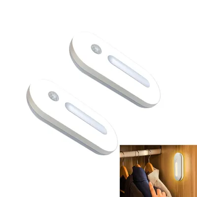 Two motion-sensor night lights on a white background, with an inset image showing one light installed in a closet.