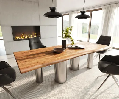 Produktbild von DELIFE Esstisch Edge 240x100 Akazie Natur Pilier Edelstahl gebürstet Live-Edge