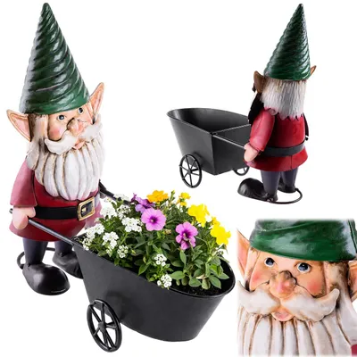 Zdjęcie produktu dla KADAX Krasnal ogrodowy 34 cm z taczką, figurka ogrodowa ze stali malowanej proszkowo, figurka dekoracyjna do ogrodu, metalowa figurka dekoracyjna, krasnale ogrodowe do użytku na zewnątrz, figurka ogrodowa