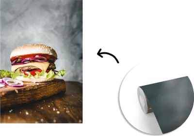 Produktbild von MuchoWow® Fototapete für Wohnzimmer oder Schlafzimmer Wandtapete Vinyl Motivtapete Hamburgerbrötchen mit roten Zwiebeln und Käse - 190x280 cm - Küche