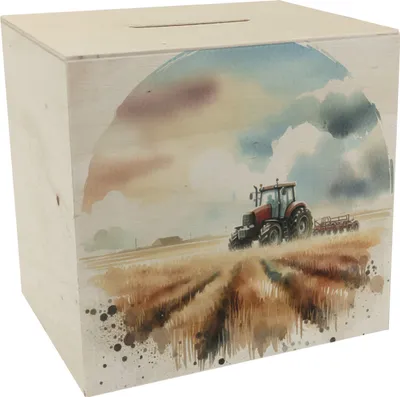 Produktbild von Traktor auf dem Feld Spardose aus Holz