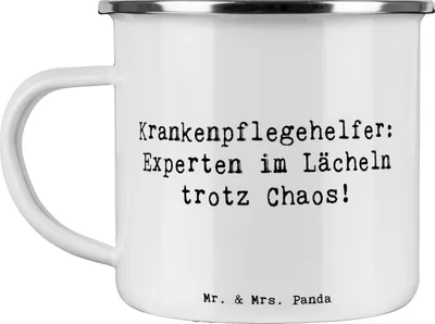 Produktbild von Mr. & Mrs. Panda becher emaille Spruch Krankenpflegehelfer Lächeln - Weiß - Geschenk, kreative Geschenke, Beruf, Lebensfreude, Berufsliebe, Tasse, Teebecher, Pflegehelfer