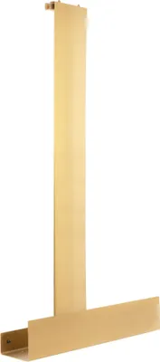A gold metal shelf bracket is shown against a white background.