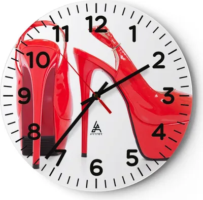 Produktbild von Wanduhr - Rund - Glasuhr - Ferse Schuhe Frauen Mode - 30x30cm - Schleichendes Uhrwerk - Lautlos - zum Aufhängen bereit - Dekoration Modern - Wanddekoration aus Glas - C4AR30x30-2401