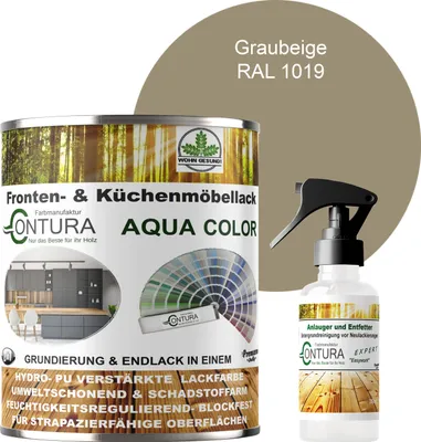 Produktbild von 750ml. + Anlauger - Contura Küchenmöbellack RAL Möbellack SEIDENMATT SET Möbelfarbe Holzlack Buntlack Küchenlack - RAL 1019 Graubeige