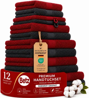 Produktbild von Betz 12-tlg. Handtuch-Set PREMIUM 2 Duschtücher 4 Handtücher 2 Gästetücher 2 Seiftücher 2 Waschhandschuhe  Farbe: rubinrot / graphit