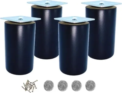 Four black cylindrical furniture legs with silver mounting plates and screws and felt pads.