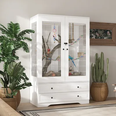 Produktbild von Weißer Vogelkäfig mit Schubladen und Schloss, Praktisches Zuhause für Ihre Vögel, Vogelkäfig, Vogelhaus, Papageienkäfig mit Stauraum, 96x50x160cm, MDF
