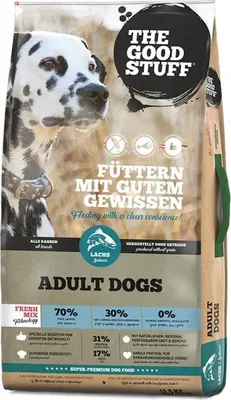 A bag of dog food with a Dalmatian dog on the front.
