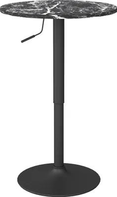 A black adjustable height bar table with a round marble-effect top on a white background.