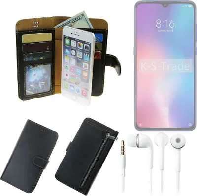 Produktbild von TOP SET Handy Hülle Schutz Hülle kompatibel mit Xiaomi Mi 9  schwarz aus Kunstleder + Kopfhörer Smartphone Tasche vollwertige Geldbörse