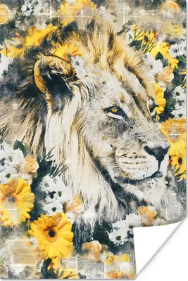 Produktbild von MuchoWow® Poster Löwe - Zeitung - Blumen 80x120 cm - Papierdruck