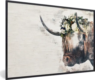 Produktbild von MuchoWow® Gerahmtes Poster Schottische Highlander - Kühe - Blumen 90x60 cm - Poster mit Schwarzem Bilderrahmen Wandposter Rahmen Foto Bilder - Fotorahmen - Foto-Plakat